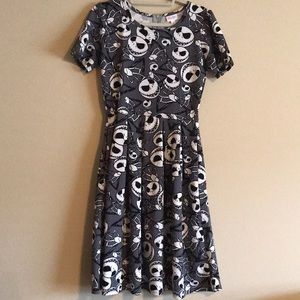 LuLaRoe Grey and White Skater Dress with Jack Skellington Print